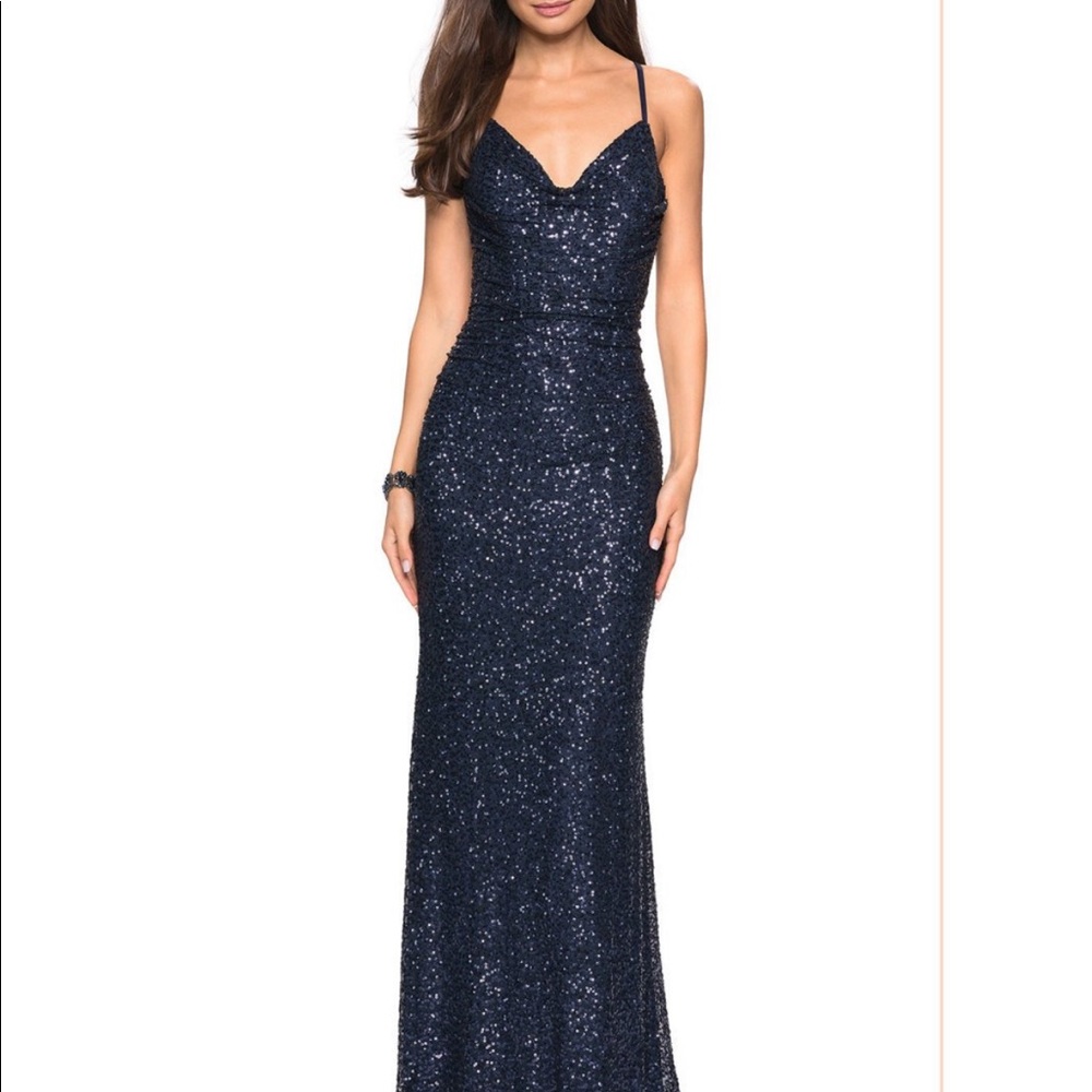 La Femme Navy Blue Gown Prom Dress